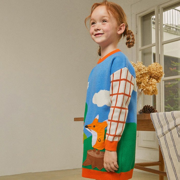 미니도우 여아용 시그니처 체크 여우 니트 원피스