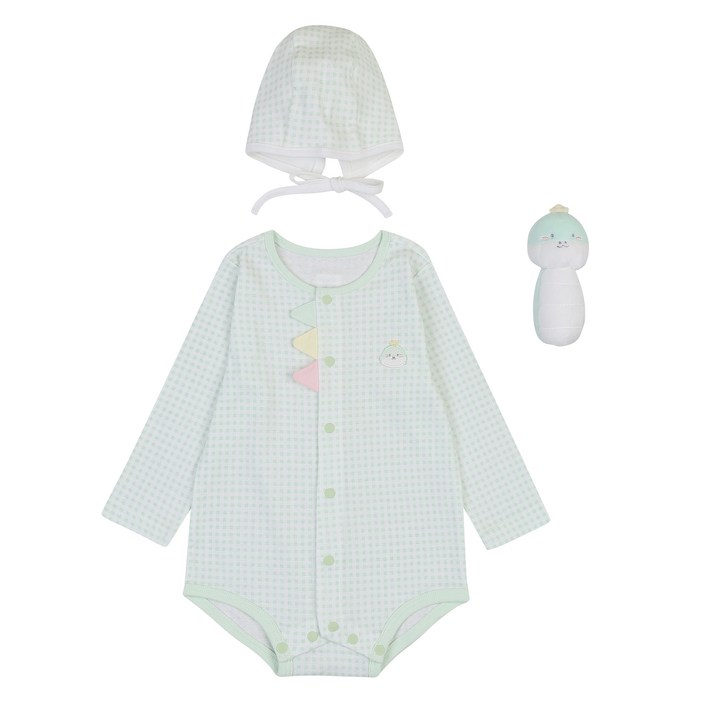 압소바 유아용 푸롱이 긴팔 바디수트 + 모자 + 딸랑이 세트