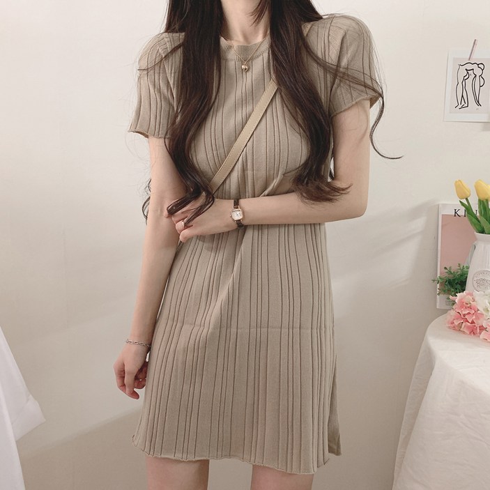 비비에모 레나 잔골지 슬림핏 반소매 미니 원피스 10569