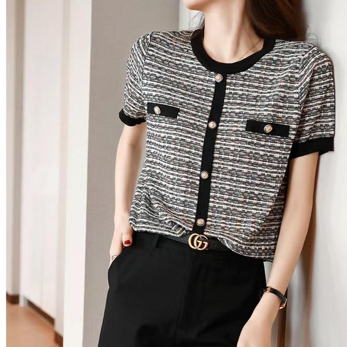 페이퍼먼츠 여성용 트윌 골드 버튼 반팔 니트 티셔츠 10776