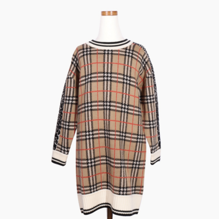 버버리 20FW 키즈 빈티지 체크 레오파드 메리노 울 브라운 원피스 드레스 8029168