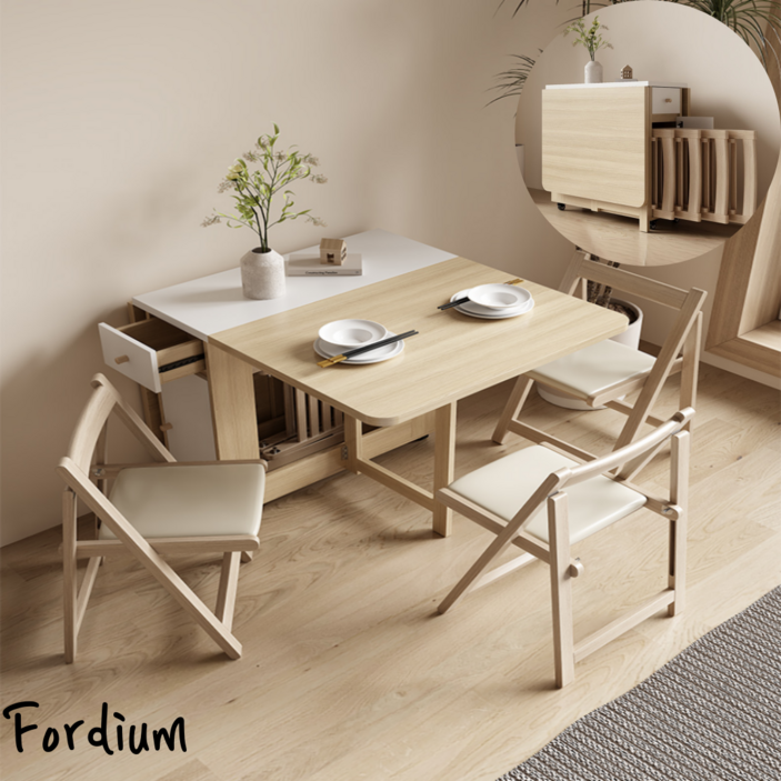 폴디움 공간활용 이동식 확장형 다이닝 접이식 식탁, 6인용, 베이지
