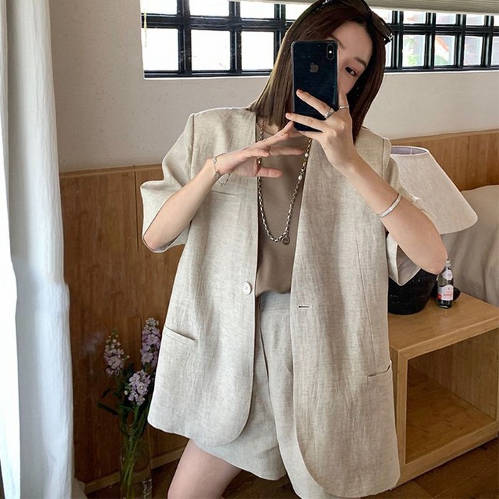 WEIHAN 여성 봄여름 루즈핏 V넥 반팔 정장 자켓 오버핏 무지 블레이저 자켓