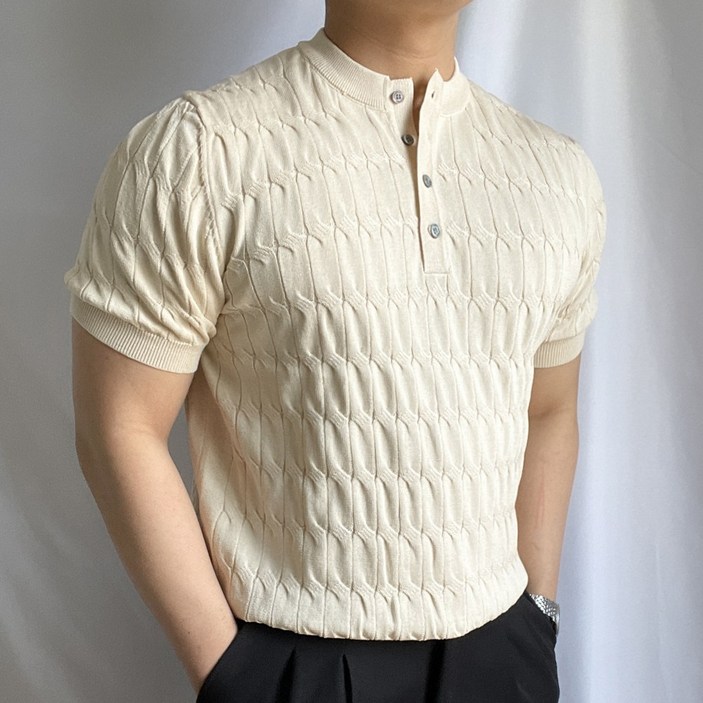 [레베] 남자 린넨 여름 반팔 머슬핏 카라티 헨리넥 케이블 니트