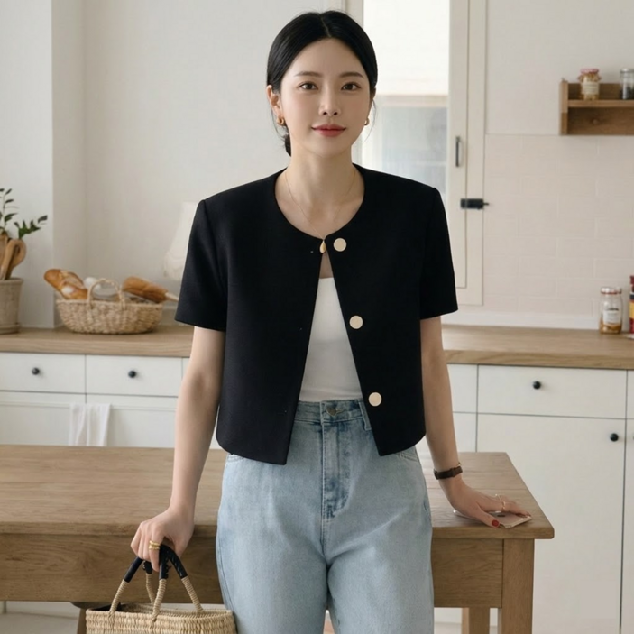 예은 데일리 라운드넥 금장 버튼 크롭 정장 반팔 재킷 하객룩 26-10