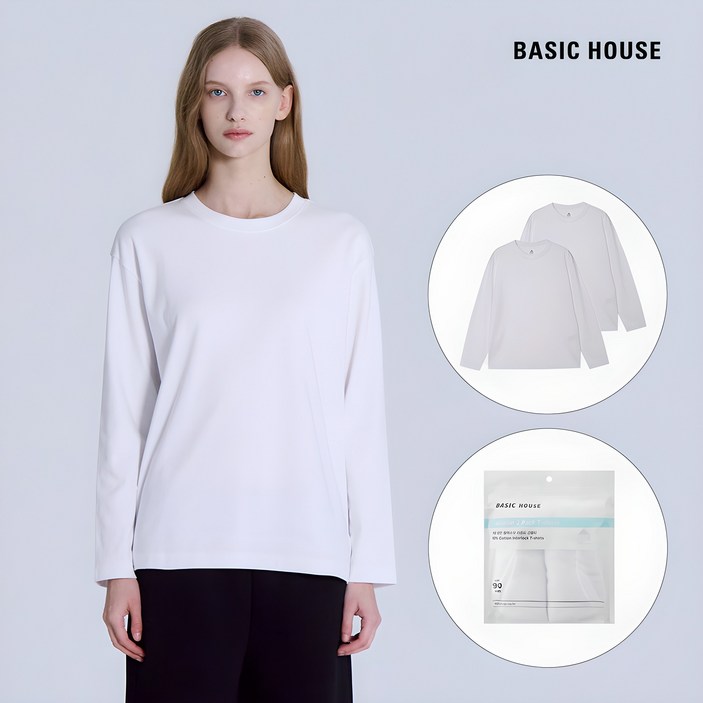 베이직하우스 여성용 통기성 40수 릴렉스핏 라운드 긴팔티셔츠 2종 세트