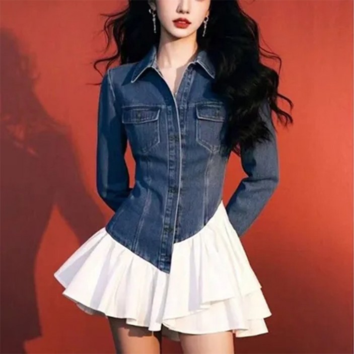 꽃소담 여성 봄가을 레이어드 플레어 카라 미니 데님 원피스 XP2019