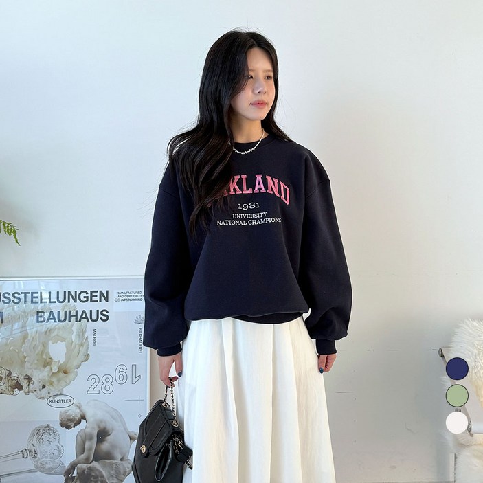 디테일웨어 여성 기모 오클랜드 맨투맨 자수 레터링 오버핏 긴소매 티셔츠 도톰한 여자맨투맨 스웻셔츠