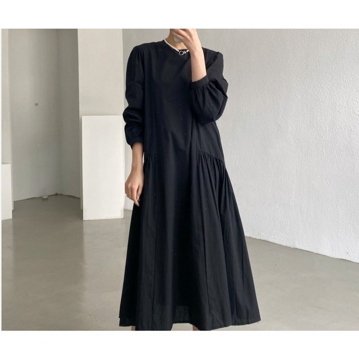 체인지쉬change she여성 프렌치 심플 라운드넥 패치 셔링 세미 루즈핏 긴팔 롱 원피스