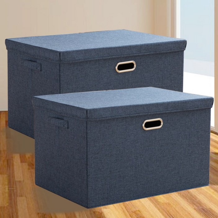 하스몰 프리미엄 각잡힌 안전 커버형 수납박스 정리함, 코튼네이비, 2개