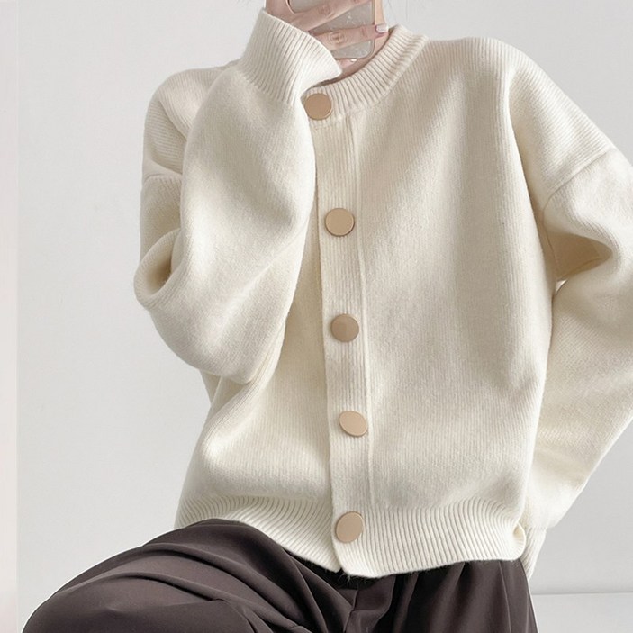 여성 루즈핏 라운드 데일리 스판 니트 캐주얼 심플 기본 단추 가디건 40-65KG