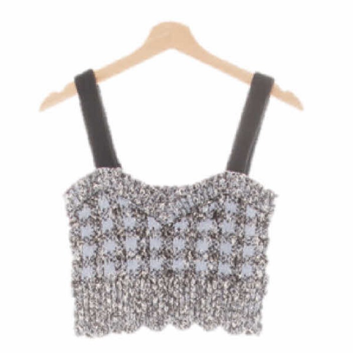 0399 자라 스카이블루더스티블랙 체크 아크릴혼방 물결뷔스티에니트탑 [M]