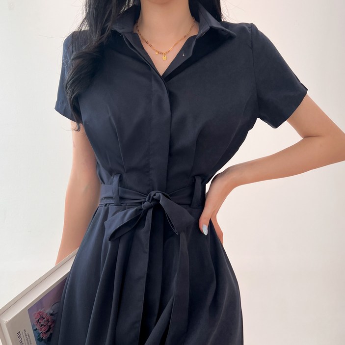 투디 반팔 핀턱 카라 셔츠 롱원피스, 3컬러 투디 반팔 핀턱 카라 셔츠 롱원피스, 3컬러