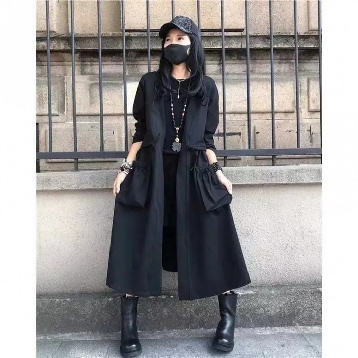 해피유통 여성 가을겨울 순면 버튼없는 롱코트 심플 디자인 허리조임 대주머니