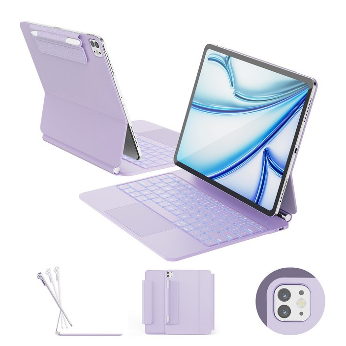 한국형 매직 키보드, 아이패드 에어 13 (M3/M2), 아이패드 프로 12.9 (6/5/4/3세대), 11색 백라이트 키+트랙패드, 방오염 가죽, 퍼플, 1개