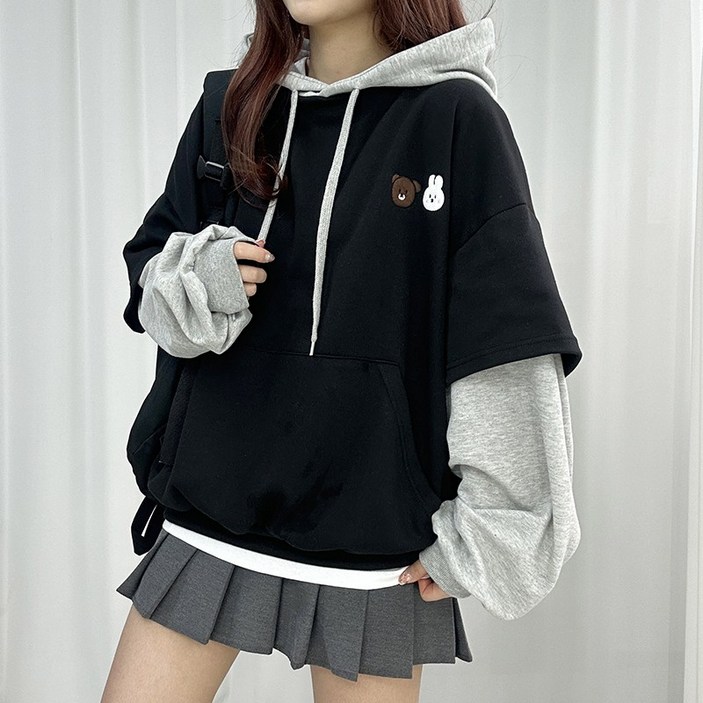 오버핏 버니 베어 레이어드 후드티 여성 학생 기모 루즈핏 빅사이즈 캐릭터 자수 겨울 봄 가을