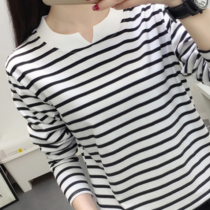 로렌미 브이 트임 스트라이프 긴팔 티셔츠 S250801FW-7