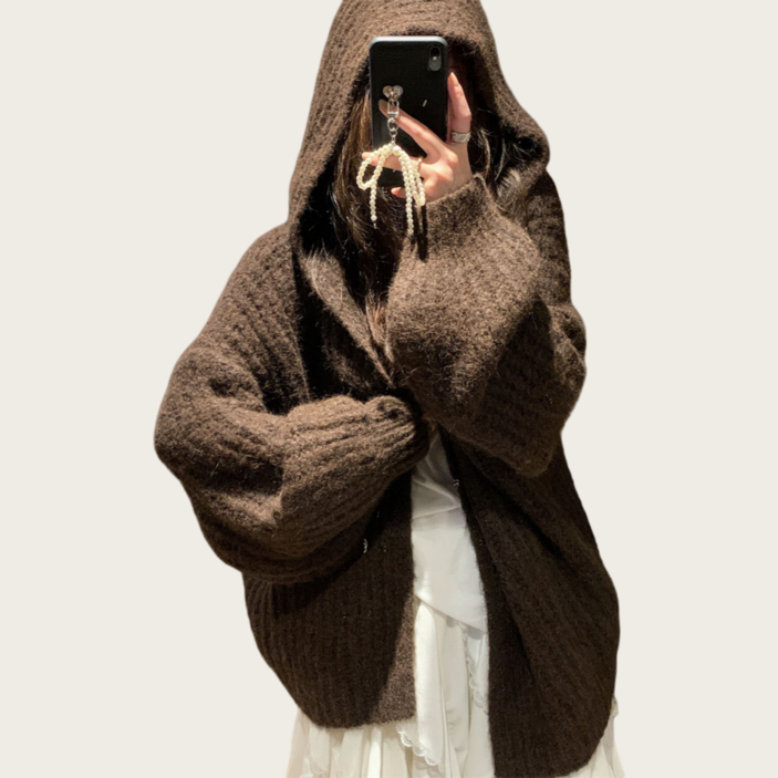 Makone 여성 가을 겨울 플리스 루즈핏 미디 후드 니트 가디건