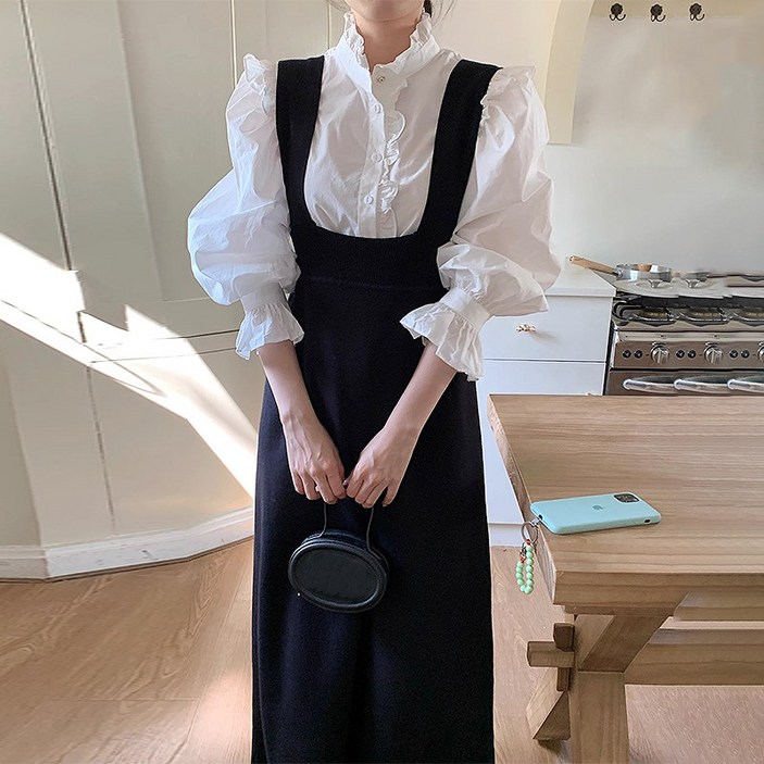 벌룬블라우스 셔츠 블라우스 화이트 레이어드 원피스 세트 프릴