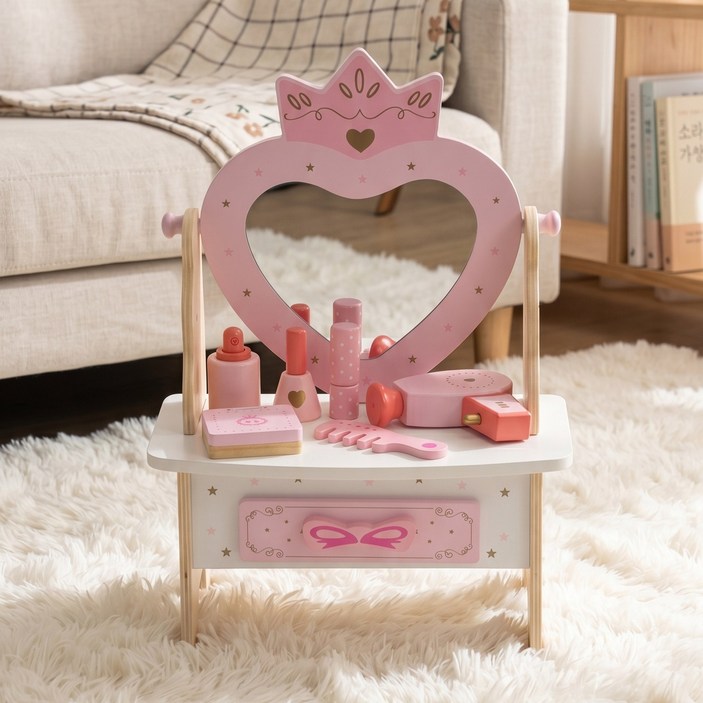 WoodenFun 어린이 원목 핑크 화장대 세트 소꿉놀이 접이식 공주 테이블 화장대 7pcs, 1세트
