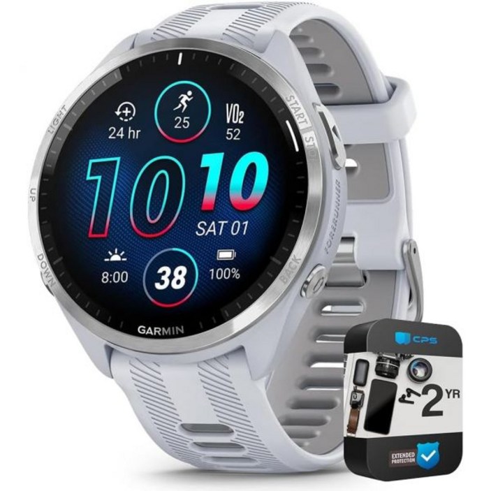 Garmin 0100280900 포러너 965 스마트워치 블랙 및 파우더 그레이 번들과 2년 CPS 강화 보호 팩이 포함되어 있습니다