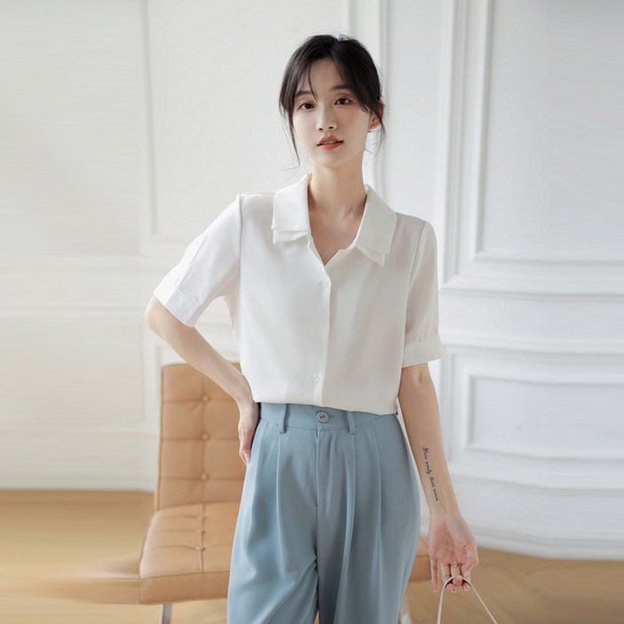 오로라 빈티지 칼라 슬림 셔츠 여름 얇은 반팔 블라우스 무지 셔츠