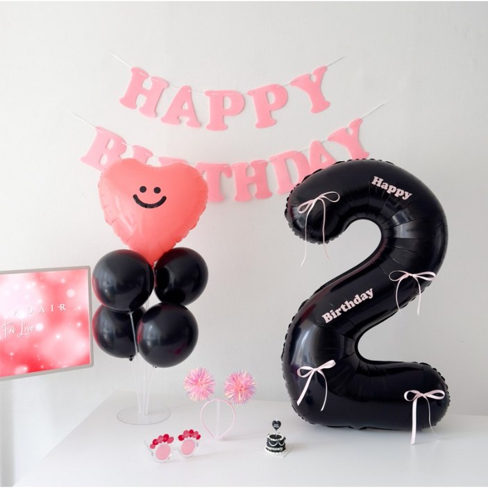 하피블리 레터링 가랜드 블랙 숫자풍선 생일 파티 용품 세트, 핑크