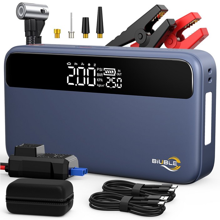 BIUBLE 자동차 시동 점프스티터 에어펌프 PD65W 양방향 고속 충전 대용량 보조배터리 스마트 점프케이블 보관백, 12400mAh, 1개