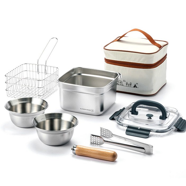 1인용 스텐 코펠 8종세트  탈부착 손잡이 라면냄비 8종 스텐집게튀김망보관가방 포함 캠핑, 1개