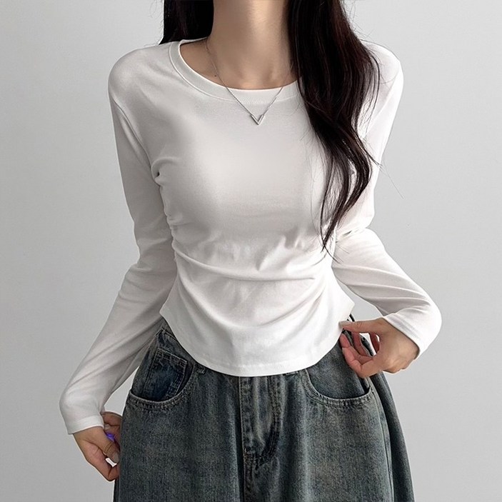 어나더뷰 2862 [옆셔링/쫀쫀] 리지 라운드 긴팔 티셔츠 스판 간절기 세미크롭 여리 슬림핏 심플 베이직