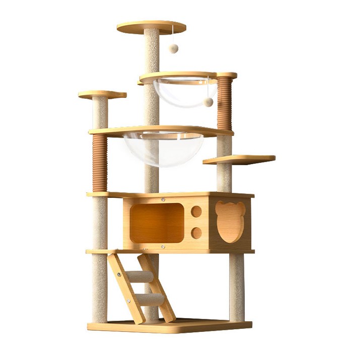 New World 캣타워 고양이 스크래쳐 안정적인 구조로 튼튼하고 견고함 다층 구조로 놀이터 링트리 등반 프레임 + 스크래쳐 + 고양이장난감 대형 및 소형 고양이 모두 사용, 1개, 원목색