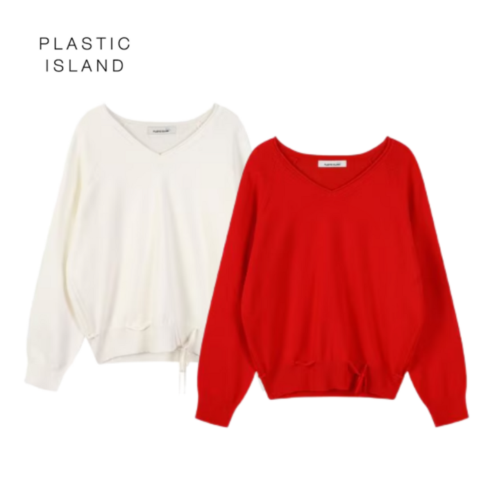 백화점발송 플라스틱아일랜드 여성 브이넥 니트 풀오버 봄 가을 부드러운 레이어드 상의