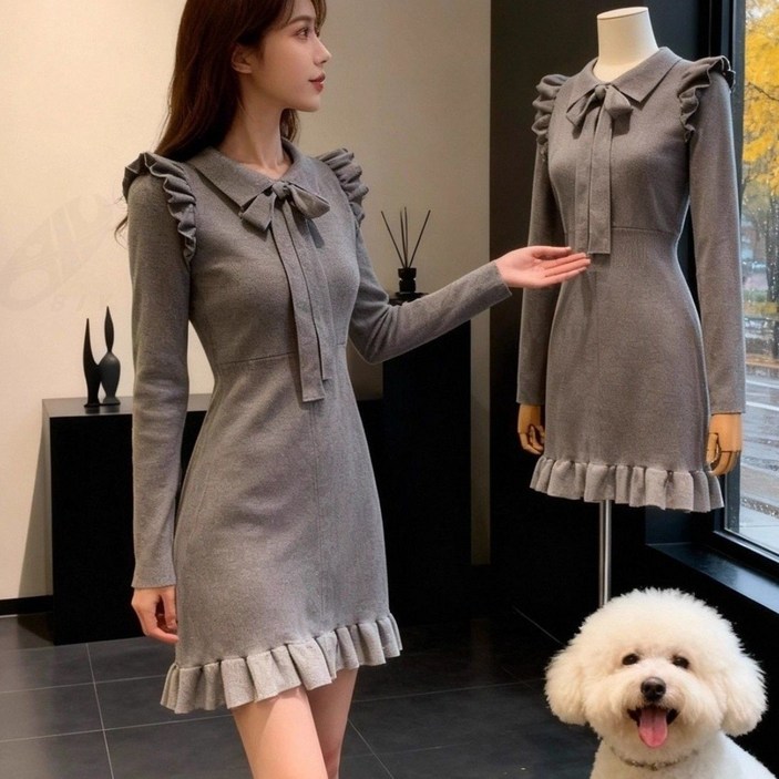 비아이와이 여성 봄 가을 데일리용 고급 허리조임 니트 원피스 D40