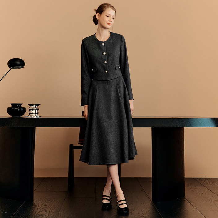 제로스트릿 라운드넥 트위드 자켓  스커트 세트