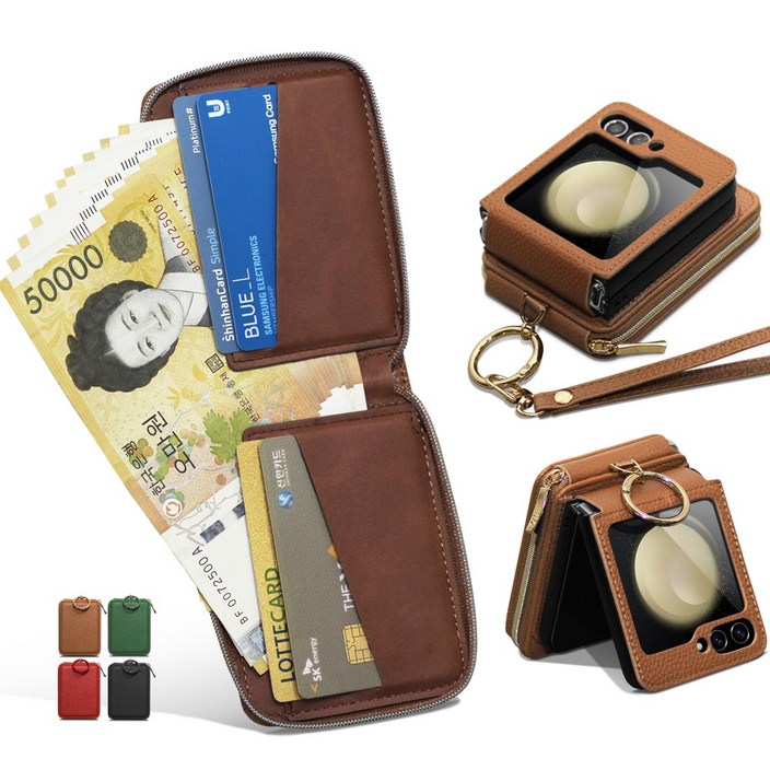 Z플립 7 6 5 4 3 지갑형 대용량 현금 수납 카드4장 손목, 롱 스트랩 핑거 링, 힌지보호  갤럭시 제트 플립 정품 지폐 폰케이스 고급 PU 가죽 핸드폰 케이스 제이콥스타일