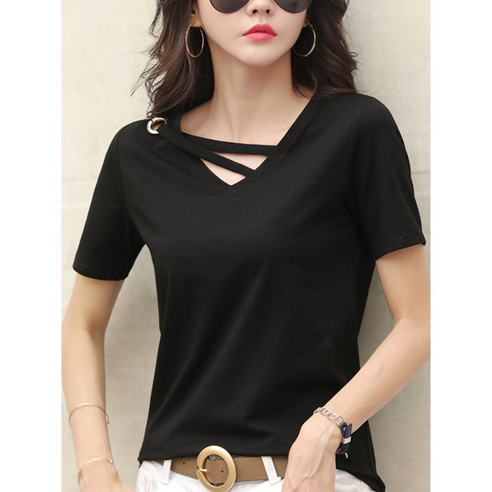 여름 신상 브이넥 반팔 캐주얼 티 상의