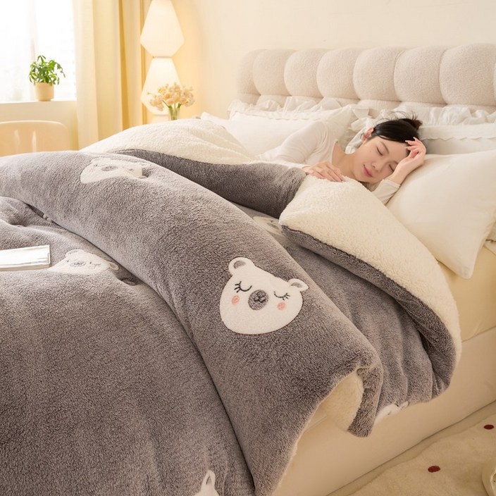 모다까사 자가발열 양털 캐시미어 양면 극세사 두꺼운 이불, 그레이 곰돌이