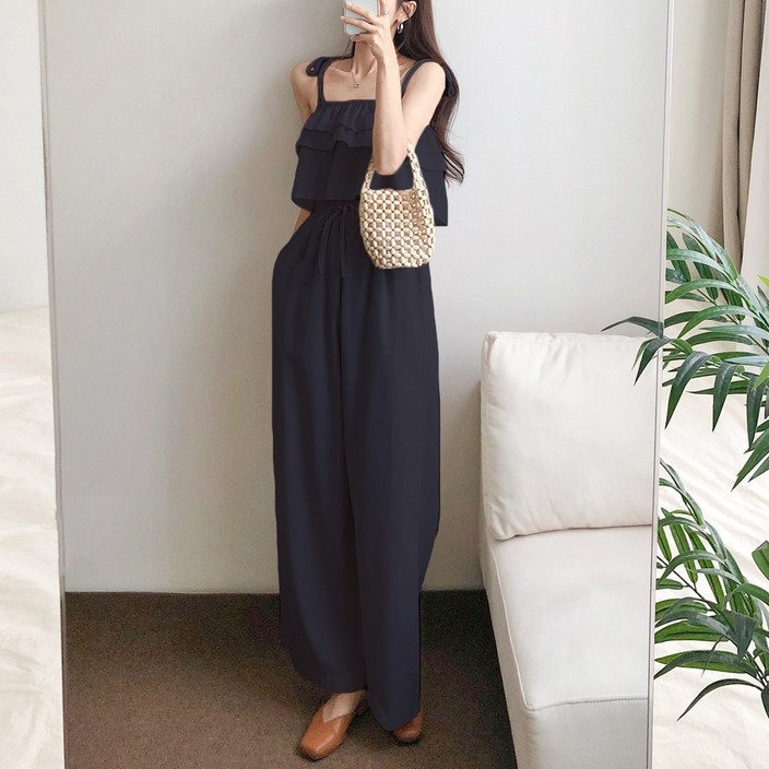 요시아나 당일발송 비에티 캉캉 끈나시 탑 와이드 롱팬츠 린넨 투피스 세트 2컬러