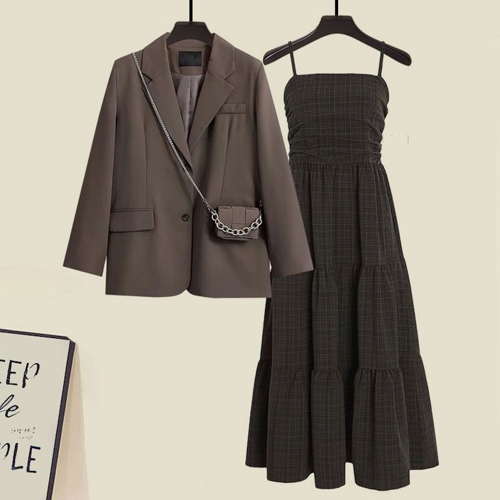여성 정장 자켓  롱 원피스 세트 여성 가을겨울 세트복 레트로 스타일 슬림 스트랩 드레스 정장 외투 두 벌 JXH