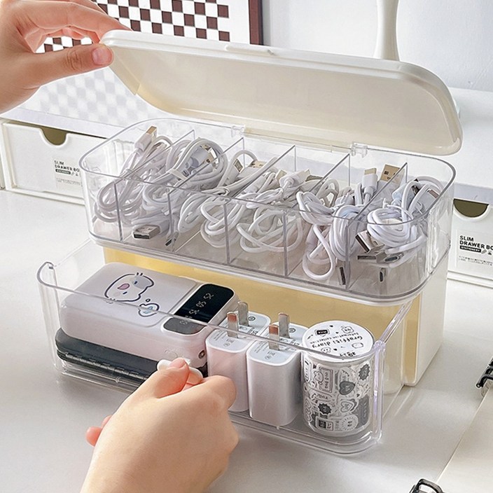 홈비 견고한 2단 뚜껑 투명 케이블정리함