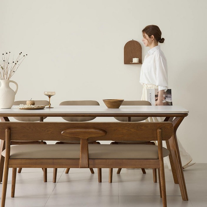 까르엠가구 헤이븐 포세린 양면 세라믹 50R 애쉬 원목 6인용 식탁세트 1800 3인벤치1+의자3