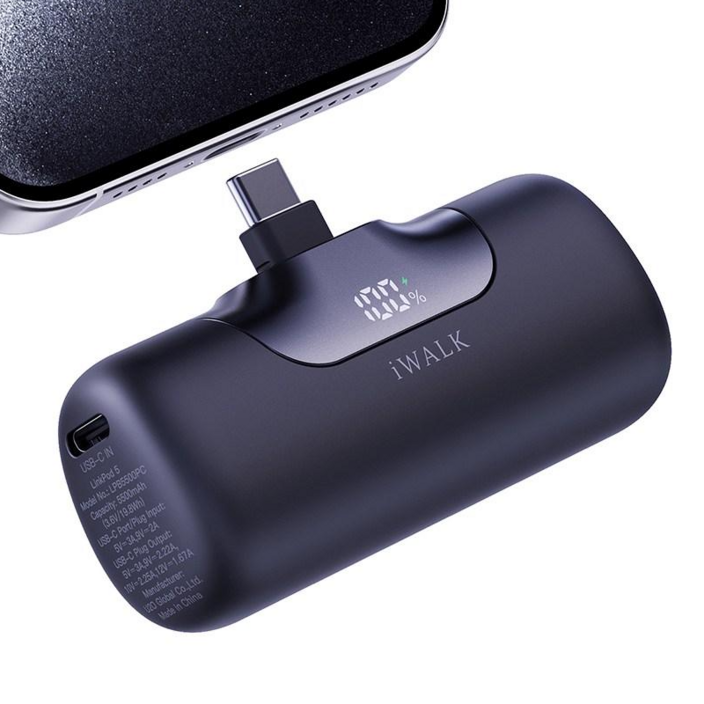 아이워크 iWALK 도킹형 미니 보조배터리 PD 22.5W 초고속충전 5500mAh C타입 일체형 아이폰 갤럭시 휴대용 LED잔량표시, 블랙