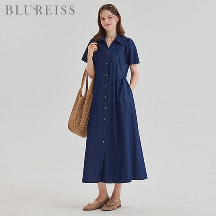 블루레이스 오픈 카라 윙소매 데님 롱 원피스BI5M1OP3471