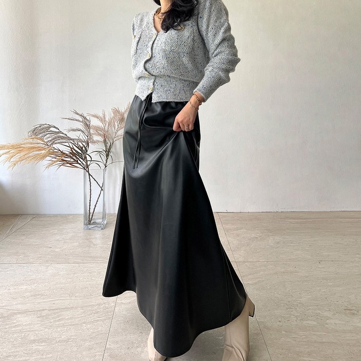 네모엔룩 여성용 밴딩레더롱 페이크레더 허리스트링 밴딩 슬림 A라인 맥시 롱 스커트인조합성피 NL