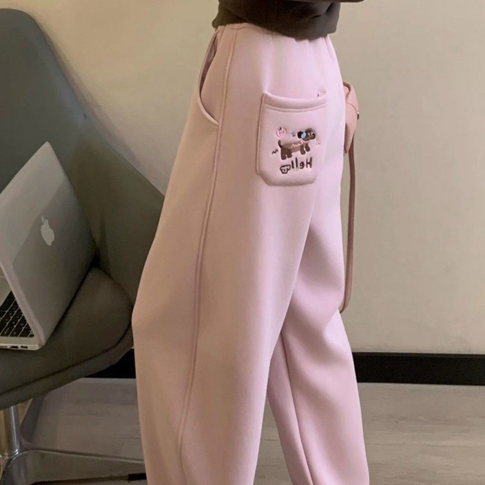 Skyciky 한판 스타일 소시지 강아지 프린트 기모 운동 팬츠 여성 가을겨울 루즈핏 슬림핏 스트레이트 캐주얼 팬츠 JJ534