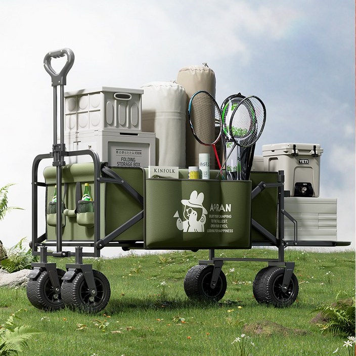 AORAN 캠핑 웨건 뒷문+사이드백 큰 바퀴 큰 사이즈, 1개, 국방색