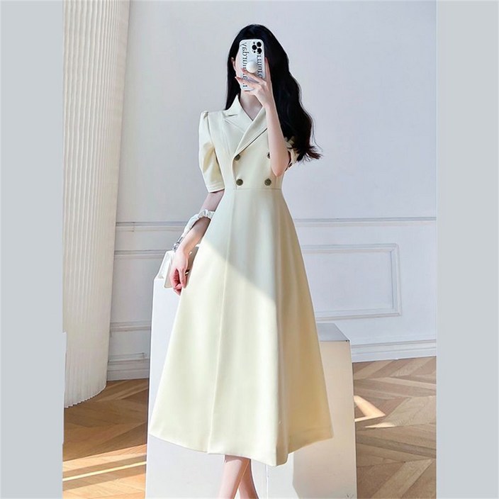 Vezri 여성용 여름 양복 원피스 퓨어컬러 쌍버튼 디자인 단아한 롱스커트 JHW