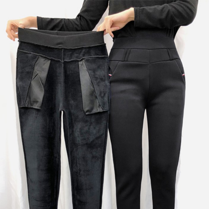 스타일바바 따뜻한 겨울 여자 기모 융 밍크 털 보온 밴딩 일자 바지 팬츠