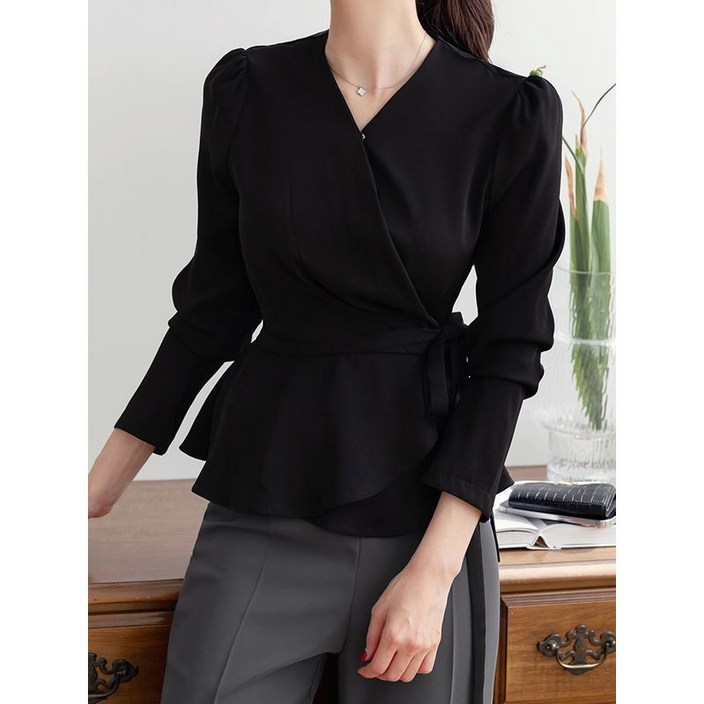 시크라인(~XXL까지) 에밀리 드레이프 셔링 페플럼 랩 블라우스 봄,가을 긴팔 하객룩 오피스룩 격식룩 면접룩
