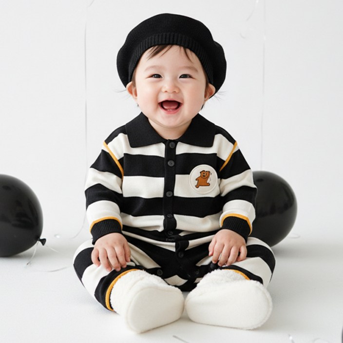 몽실이 스트라이프 카라 니트 우주복 유아용 외출복 돌선물 봄